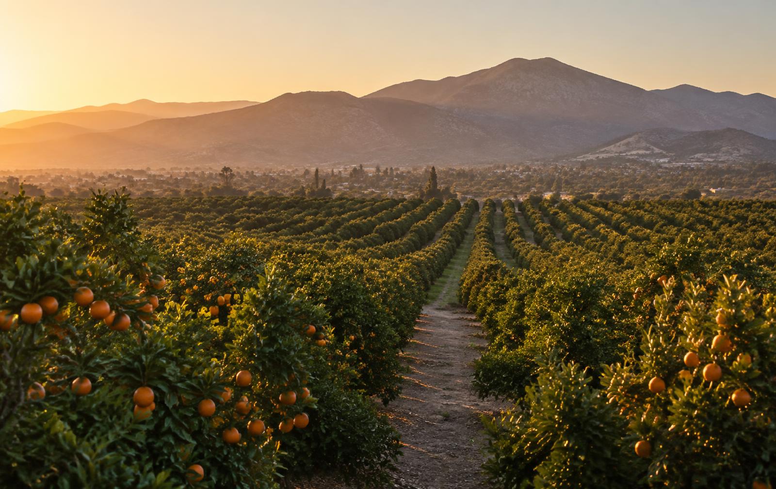 Rows of citrus trees in an Inland Empire grove aligned toward the hills at golden hour.